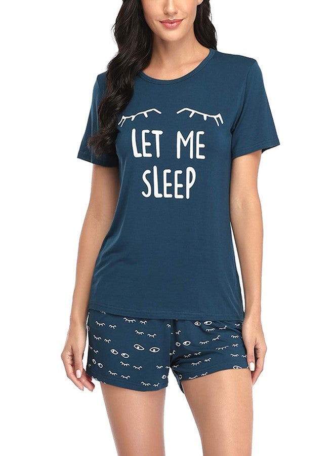 EISHOPEER Women's Closed Eyes Print Pajama Set Tee and Shorts Pjs Sets Peacock Blue L - Image 1